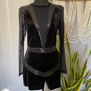 Boohoo Velvet Fringe Mesh Romper